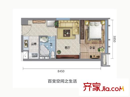 天河・新天地C户型一房户型图 1室1厅1卫1厨