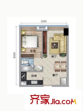 天河・新天地B户型单间户型图 1室2厅1卫1厨