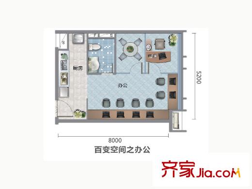 天河・新天地B户型单间户型图 1室2厅1卫1厨