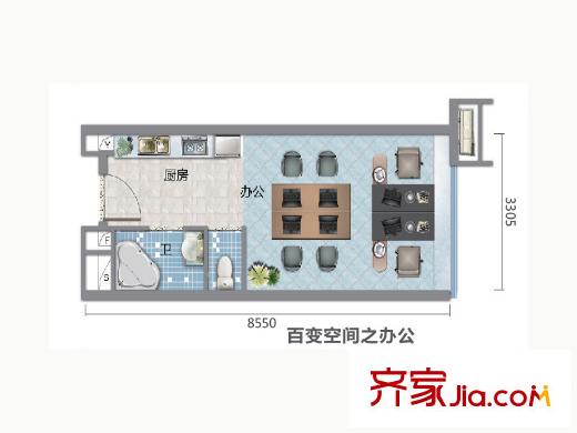 天河・新天地A户型单间户型图 1室2厅1卫1厨