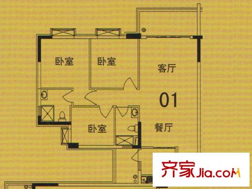 顺丰翠园2#01户型 3室2厅2卫1厨