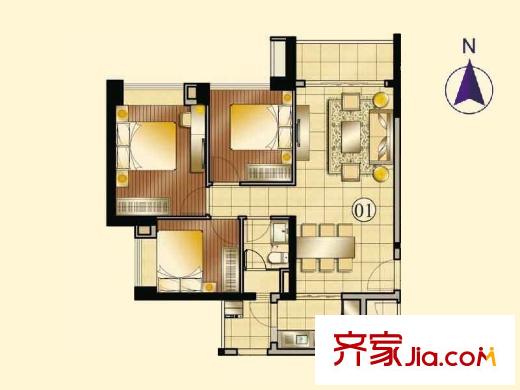 合景天峻A1栋/A2栋/A4栋01户型 3室2厅1卫1厨
