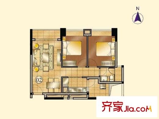 合景天峻A1栋/A2栋/A4栋02户型 2室2厅1卫1厨