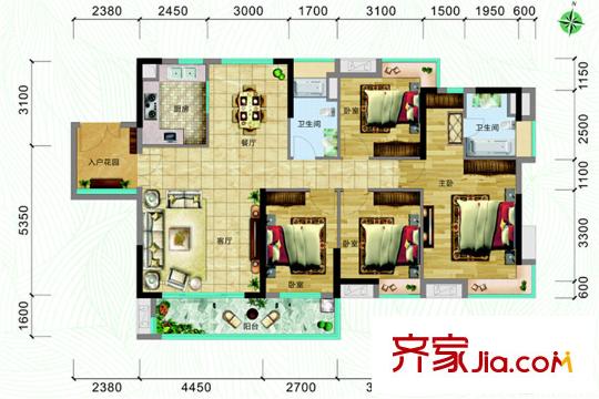 宝兴翠园户型图A1栋01户型 4室2厅2卫1厨