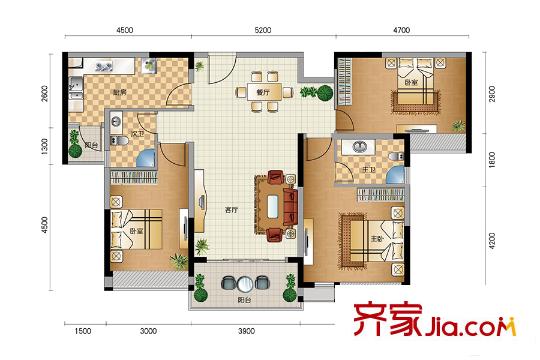 星尚B户型 3室2厅1卫1厨