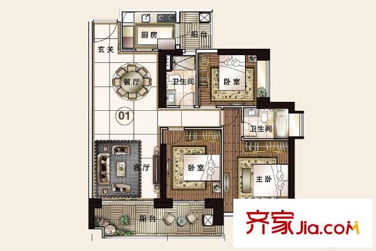 富力东山新天地D1栋01户型 3室2厅2卫1厨