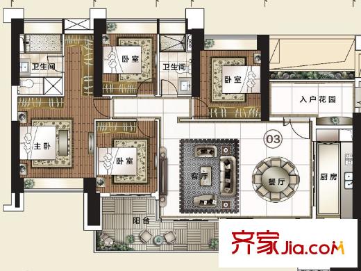 富力东山新天地华府组团03户型 4室2厅2卫1厨