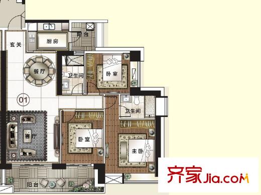 富力东山新天地华府组团01户型 3室2厅2卫1厨