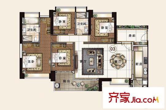 富力东山新天地D1栋03户型 4室2厅2卫1厨