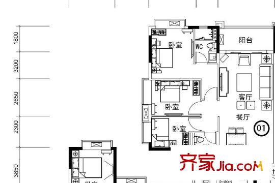 翡翠绿洲95栋01户型 3室2厅2卫1厨
