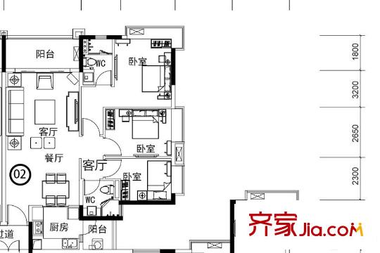 翡翠绿洲95栋02户型 3室2厅2卫1厨