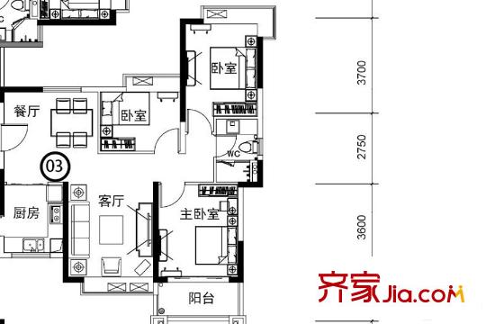翡翠绿洲91栋03户型 3室2厅1卫1厨