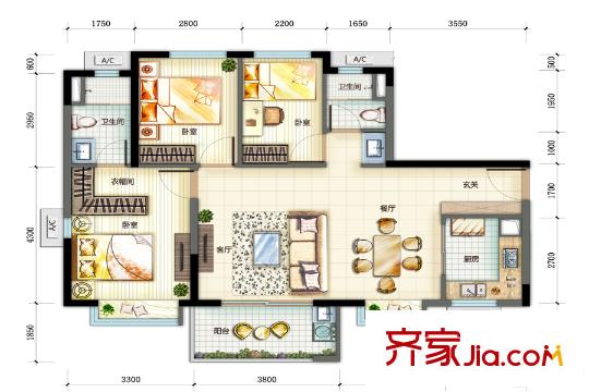 万科珠江东岸96平方米单元户型图 3室2厅2卫1厨