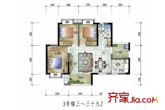 保利学府里3号楼3-39层3户型 3室2厅1卫1厨