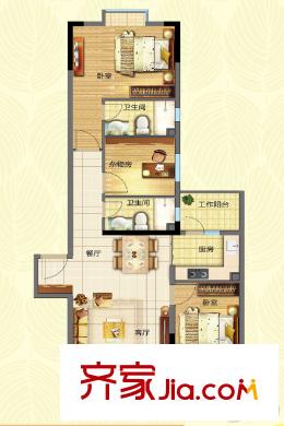 宏康小筑B栋2层标准层02房户型图 3室2厅2卫1厨
