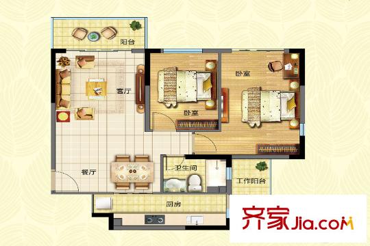 宏康小筑A、B栋2层标准层05房户型图 2室2厅1卫1厨