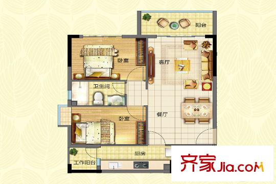 宏康小筑B栋2层标准层01房户型图 2室2厅1卫1厨