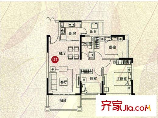 敏捷・四季花园3栋01户型 3室2厅1卫1厨