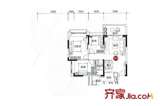 敏捷・四季花园1/2栋04户型 3室2厅2卫1厨
