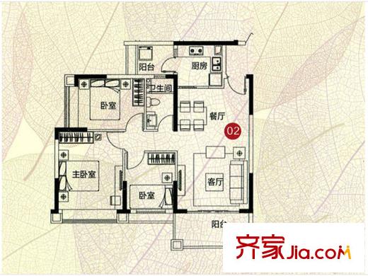 敏捷・四季花园3栋02户型 3室2厅1卫1厨