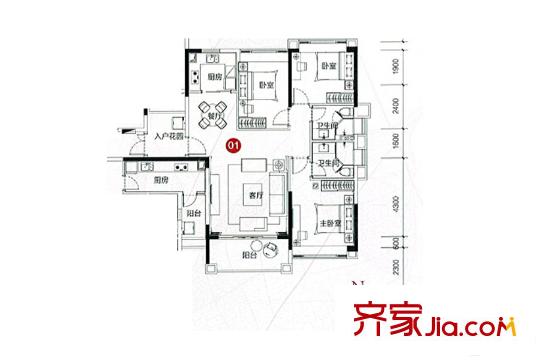 敏捷・四季花园1/2栋01户型 3室2厅2卫1厨