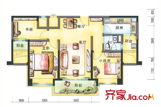 碧桂园・城市花园J582-B户型 3室2厅2卫1厨