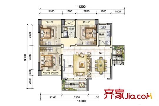 美悦湾2栋04单元户型图 3室2厅1卫1厨