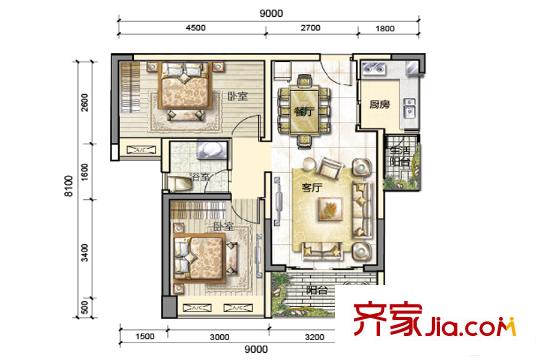 美悦湾2栋03单元户型图 2室2厅1卫1厨