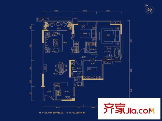 天健・上城9栋908单元样板间户型图 3室2厅2卫1厨