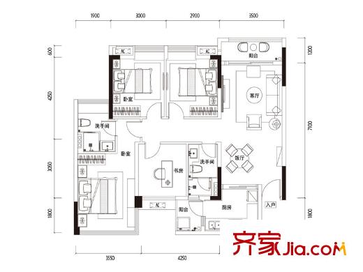 天健・上城D-户型图 4室2厅2卫1厨