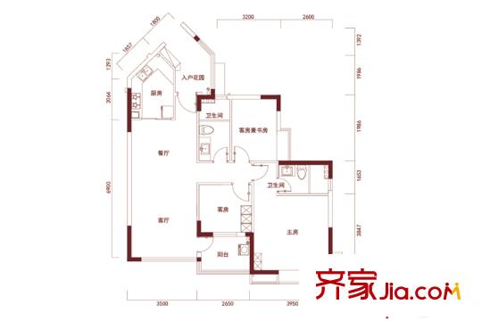 恒洲小苑01单位户型图 3室2厅2卫1厨