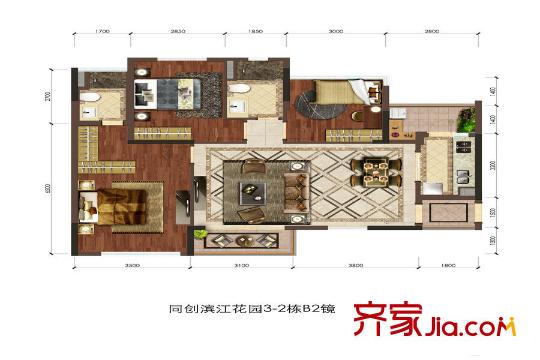 同创・滨江98平三房两厅两卫B2户型 3室2厅