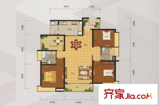 新福港・鼎峰A9栋01户型 3室2厅2卫1厨