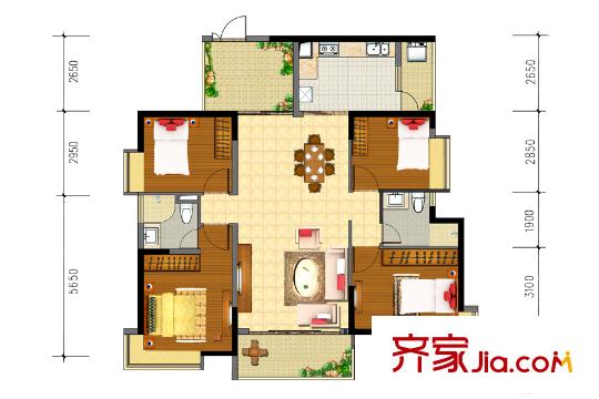 新福港・鼎峰A4栋01户型 4室2厅2卫1厨