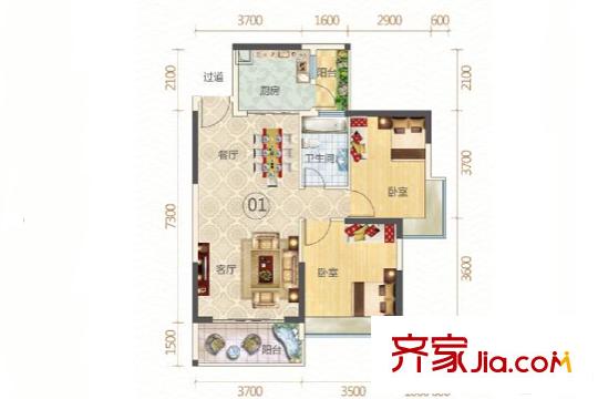 丽水蓝天1、2、3栋01户型 2室2厅1卫1厨