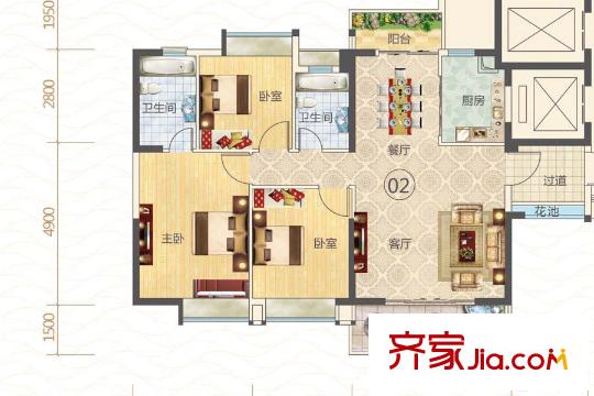 丽水蓝天4梯01户型 3室2厅2卫1厨