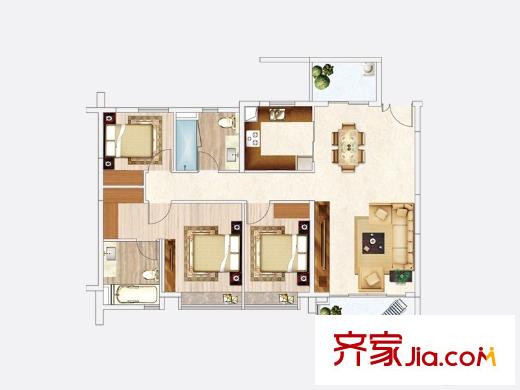 天韵・瑚平方米一期19/20栋B1户型 3室2厅2卫1厨