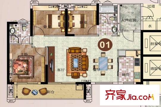 景新・国际16栋01户型99.8平3房 3室2厅1卫1厨