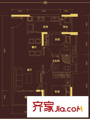 科城山庄峻森园C7栋01户型 2室2厅1卫1厨