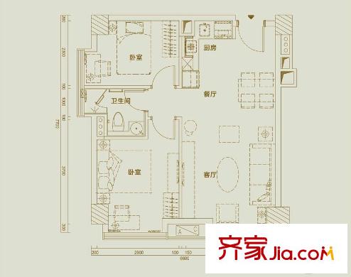 奥园国际中心云悦A公寓户型图 2室2厅1卫1厨