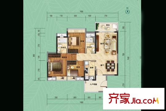 尚东嘉御C户型图 3室2厅2卫1厨