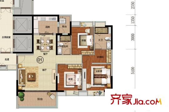 丽江如英居07栋01户型 3室2厅2卫1厨