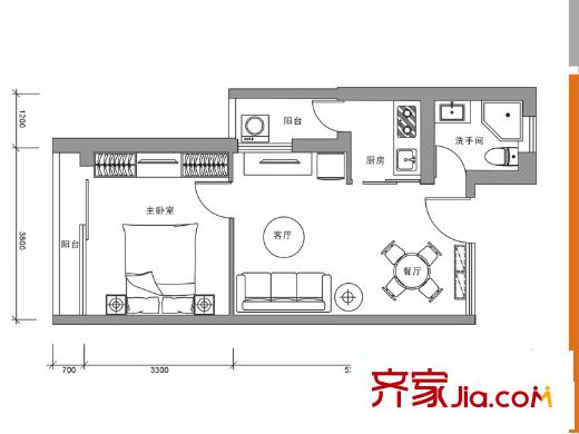 侨城馨苑户型图A6户型 1室2厅1卫