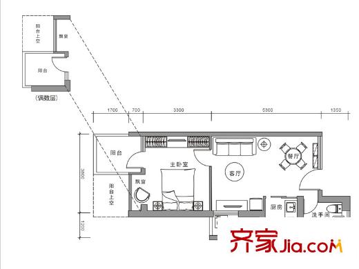 侨城馨苑户型图A7户型 1室2厅1卫
