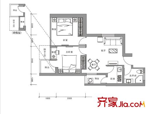 侨城馨苑户型图A1户型 2室2厅1卫