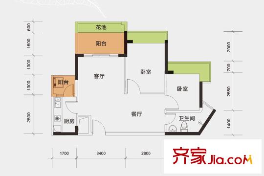 一半山户型图1栋02、03户型 2室2厅1卫1厨