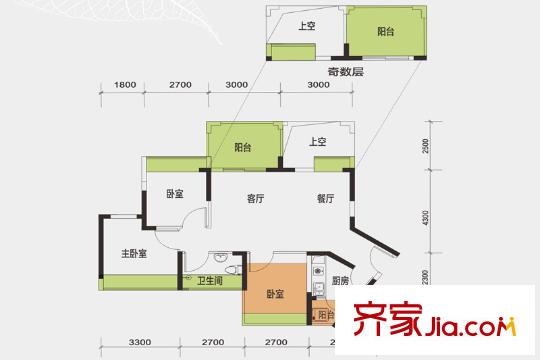 一半山户型图1栋01、04户型 3室2厅1卫1厨