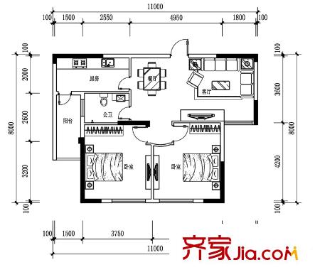 三和国际花园城户型图户型图2 2室2厅1卫1厨