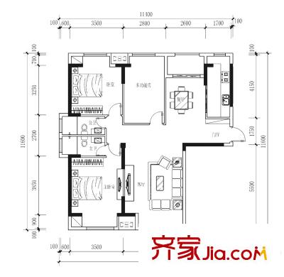三和国际花园城户型图户型图1 3室2厅2卫1厨