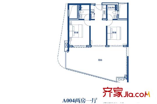 保利金町湾A004户型2房 2室1厅1卫1厨